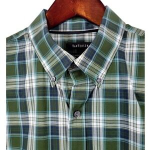Van Heusen Mens Green Plaid Short Sleeve Button Down Shirt Classic Fit